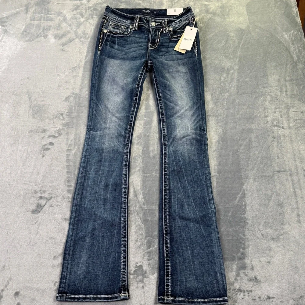 Miss Me Mid Rise Bootcut Jeans Dark Wash Embroidered Sequin Size 25x34 NEW